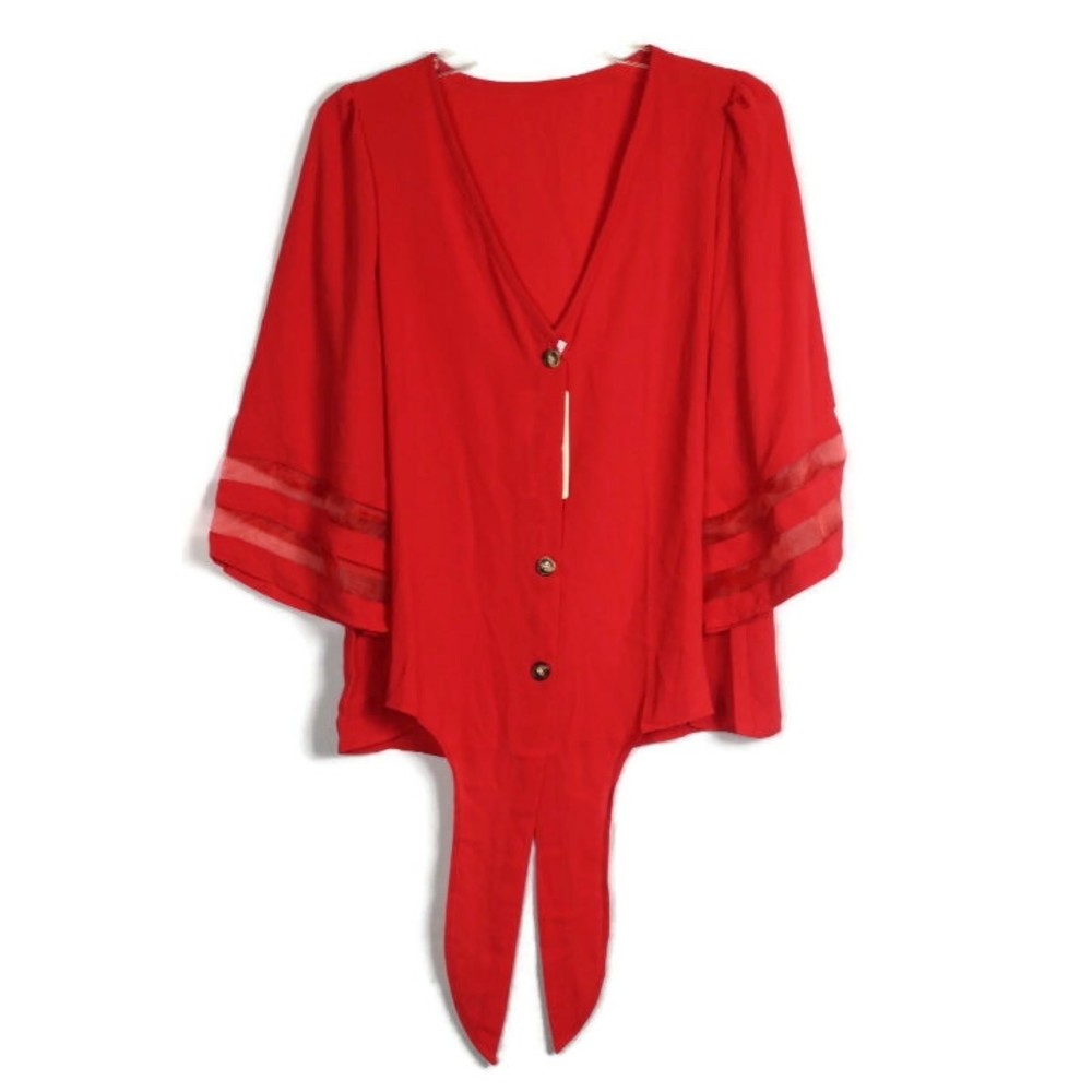 Roshop Red Women's Top Blouse Tie Front Flared Sleeve Size Small